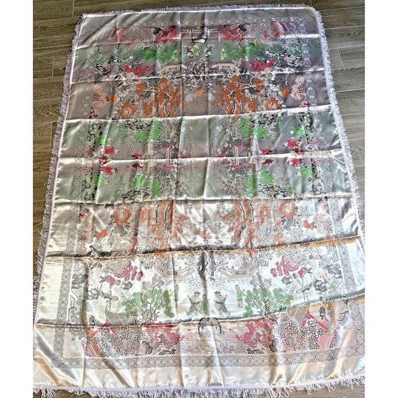 Mid-Century Vintage Brocaded Flowers Chinese Silk Tapestry Tablecloth 75" x 55" - Picture 10 of 16